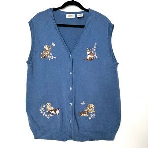 Vintage Grannycore Embroidered Floral Cat Lady Sweater Vest Kitschy Twee Cute